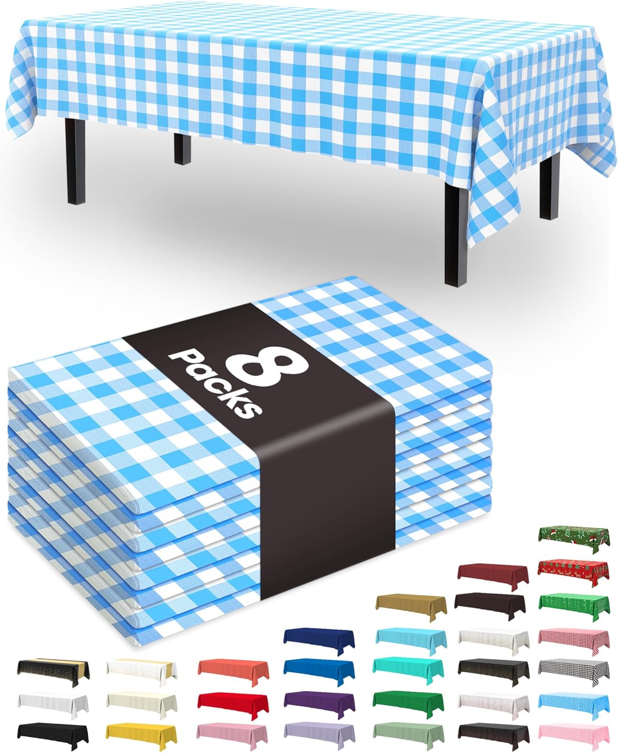 Pureegg Disposable Plastic Tablecloths - 8 Pack, 54 x 108 Inch, Leakproof Blue & White Gingham Design