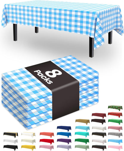Pureegg Disposable Plastic Tablecloths - 8 Pack, 54 x 108 Inch, Leakproof Blue & White Gingham Design