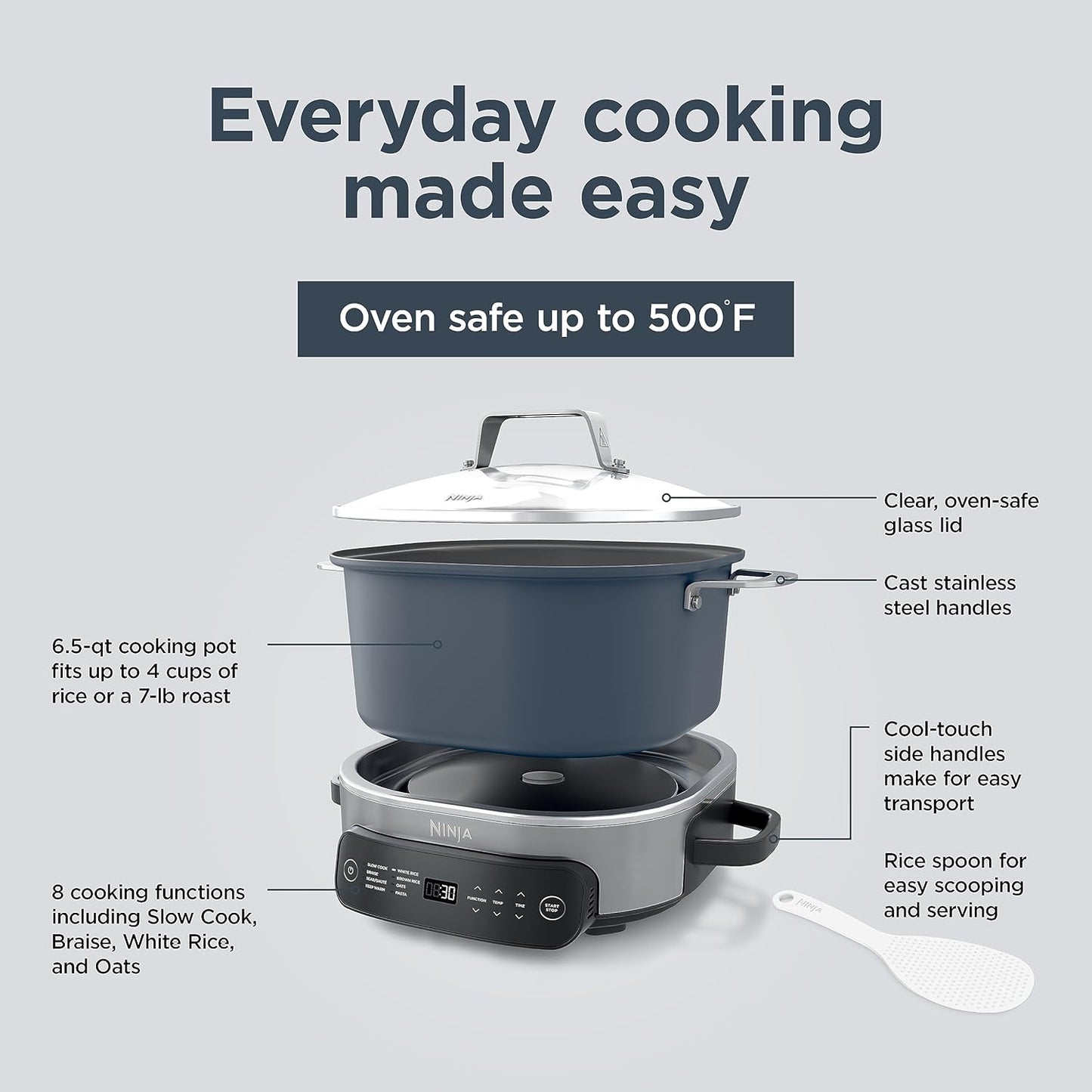 Ninja MC1101 Foodi Cooker Pro - 8-in-1 Versatility, Family-Sized 6.5 Quart, Adjustable Temp Control, Midnight Blue