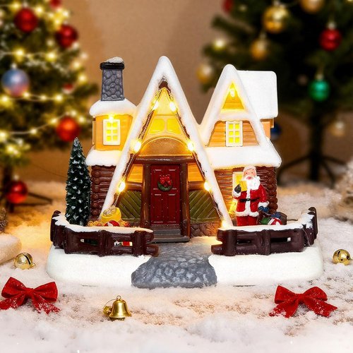 LED Lighted Village House - 6.9 Inch Triangular Christmas Decoration with Santa Claus Statue