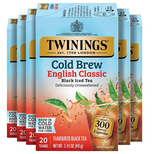 Twinings English Classic Cold Brew Iced Tea Bags, 20 Count (Pack of 6), Unsweetened Black Tea, Caffeinated, 120 Teabags