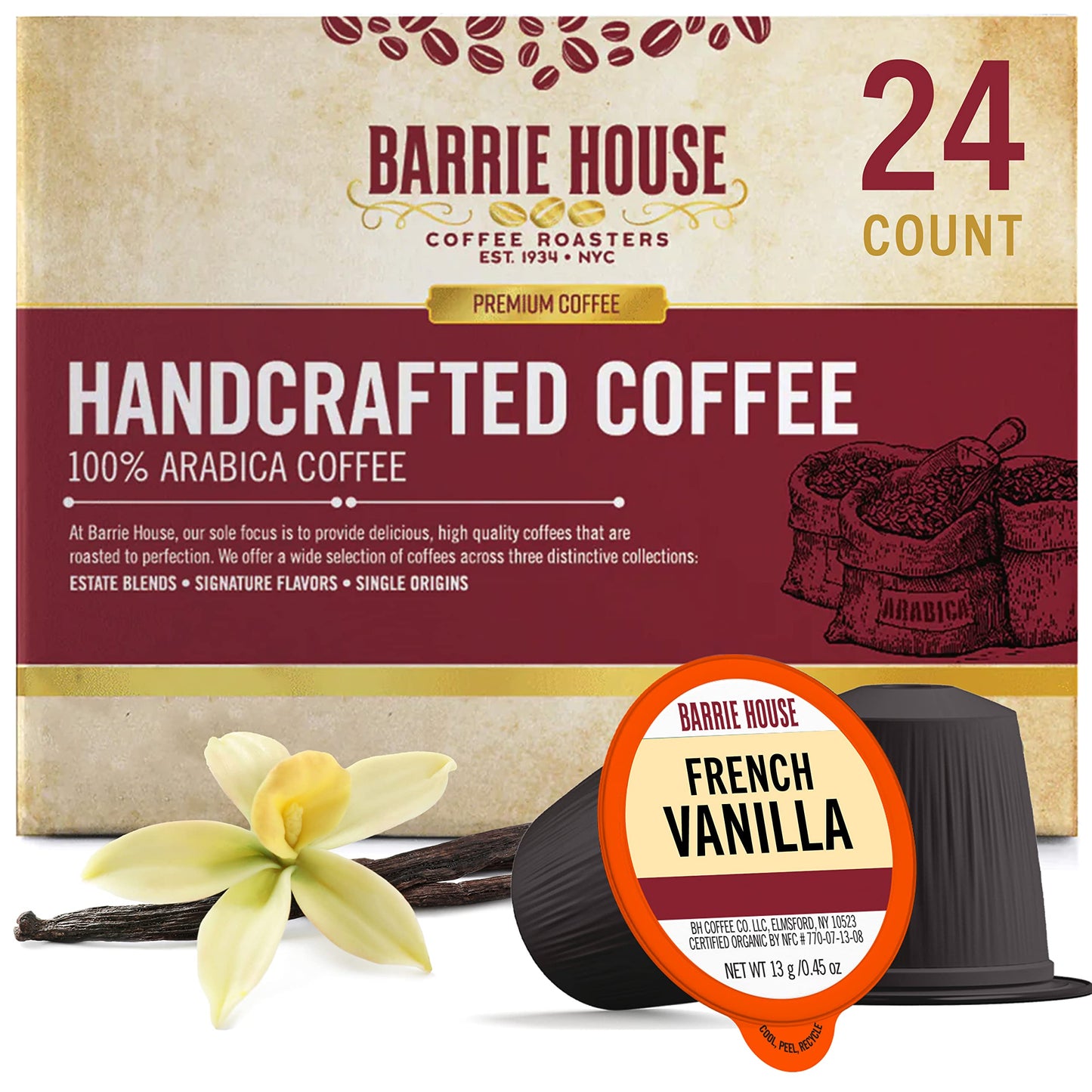 Barrie House French Vanilla Flavored Single Serve Coffee Pods, 24 Pack | Compatible With Keurig K Cup Brewers | Luscious and Smooth | Small Batch Artisan Coffee in Convenient Single Cup Capsules