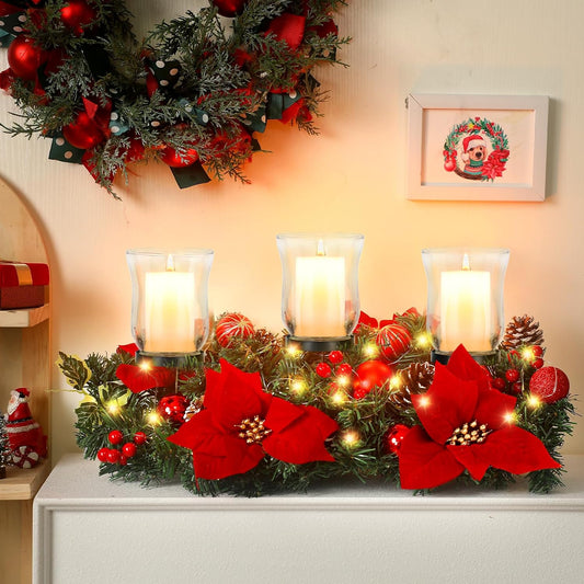 Sliner Christmas Candle Holder - Romantic Poinsettia Glass Centerpiece for Holiday Table Decor