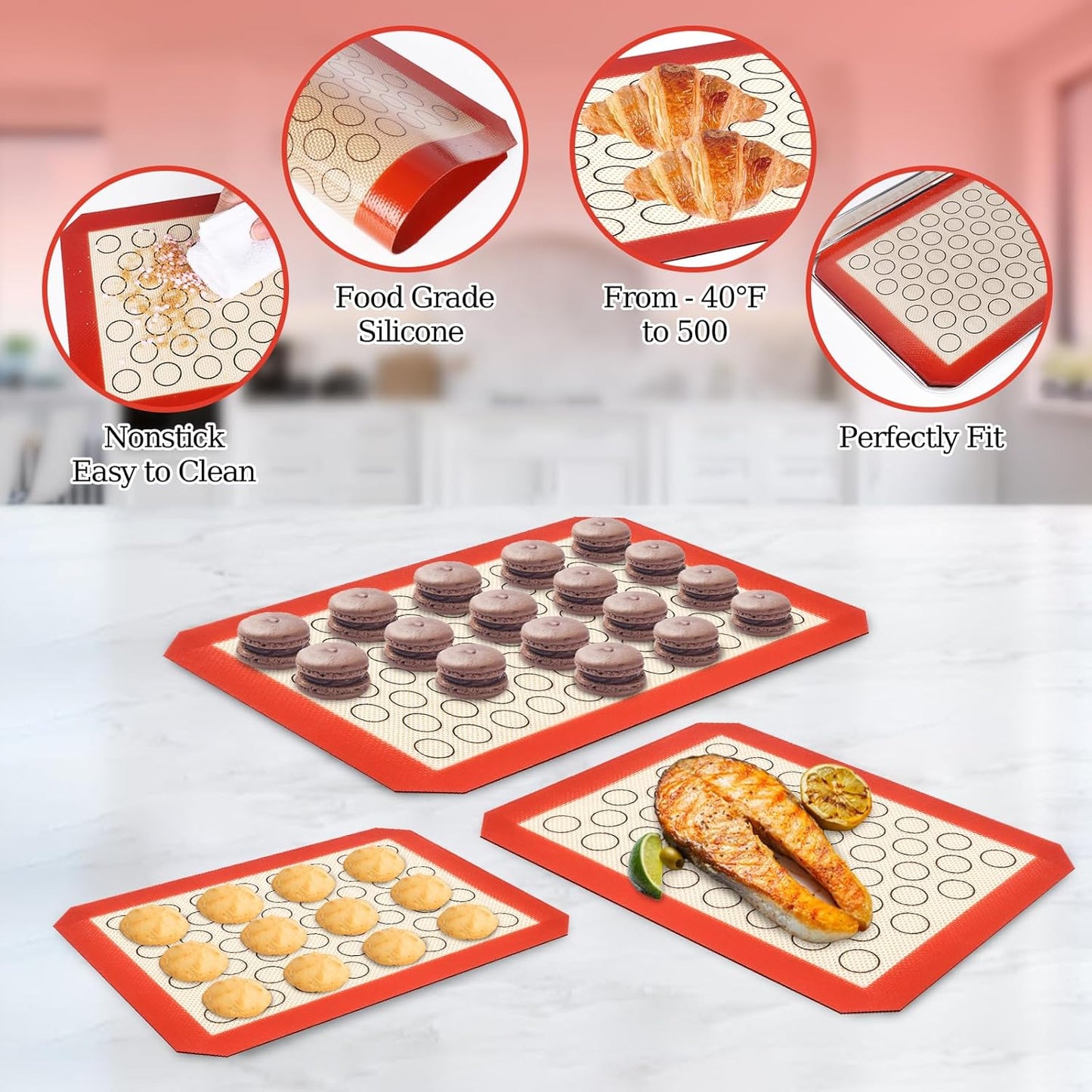 CEKEE Stainless Steel Baking Sheet Set - 6PCS Cookie Sheets with Silicone Baking Mats for Oven Use