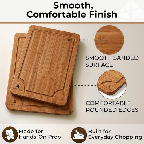 Bamboo Wood Cutting Board Set by Skiennix - Sturdy & Easy to Clean | 3 Sizes with Juice Grooves for Kitchen Use