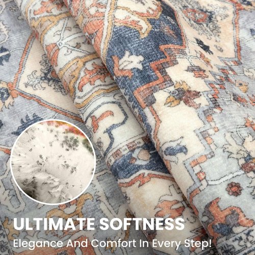 SIILOOM 2x7 Washable Runner Rug for Hallways, Ivory Blue Soft Classic Kitchen Rugs with Non-Slip, Non-Shedding Boho Rug for Hallways Entryway Bedroom Bathroom Laundry Indoor