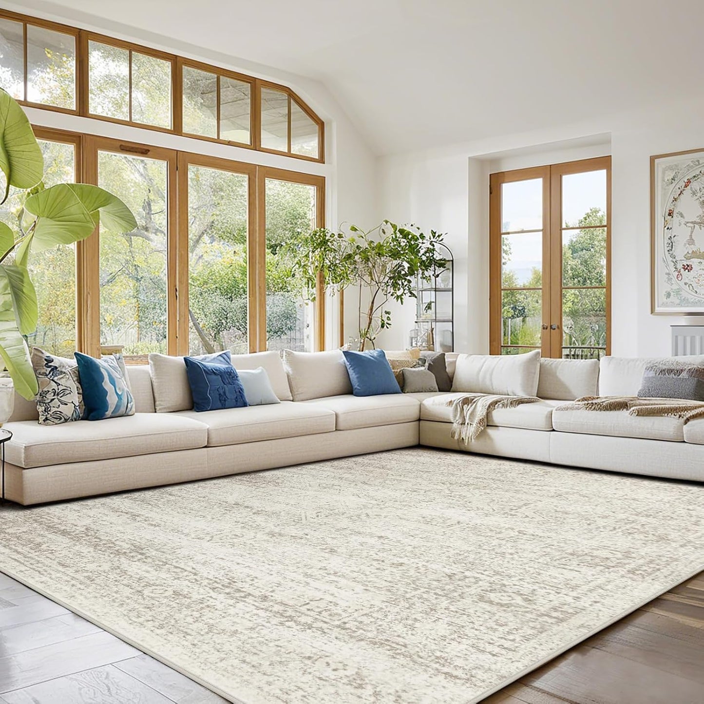 Srugn Washable Area Rugs - Ultra Soft Faux Wool 10x14 Living Room Carpet | Non-Slip Vintage Print Rug