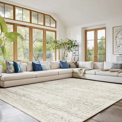 Srugn Washable Area Rugs - Ultra Soft Faux Wool 10x14 Living Room Carpet | Non-Slip Vintage Print Rug