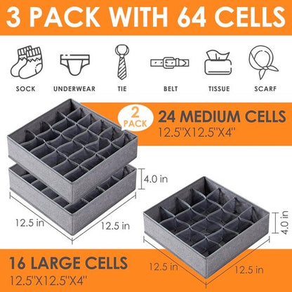 Criusia Sock Organizer - 3 Pack Fabric Drawer Dividers with 64 Cells for Socks, Underwear & Ties | Gray
