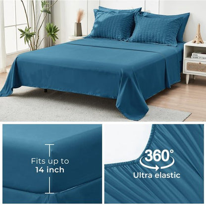 HYMOKEGE Teal King Size Comforter Set Seersucker 7 Pieces, All Season Luxury Bed in a Bag for Bedroom, Bedding Set with Comforters, Sheets, Pillowcases & Shams