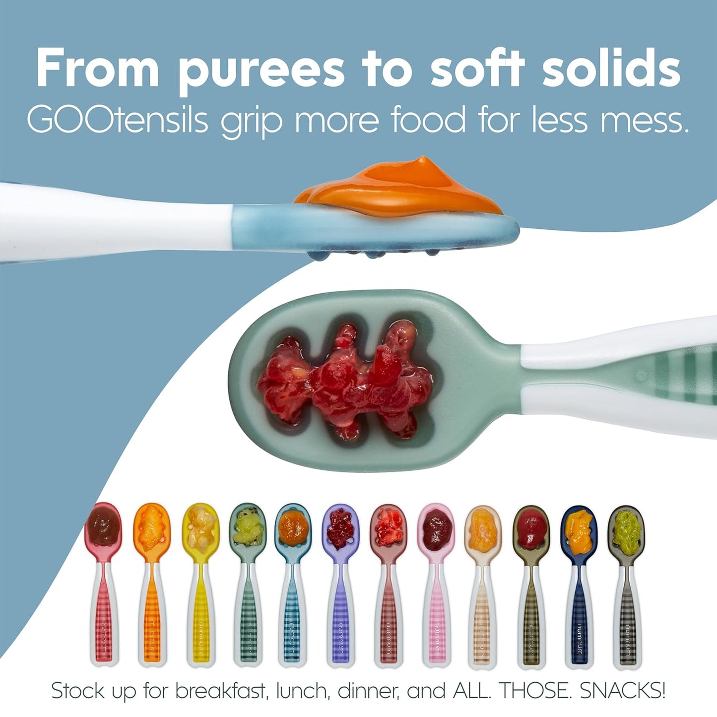 NumNum Baby Spoons Set - Silicone Pre-Spoon GOOtensils for Baby Led Weaning | 2 Teething Spoons + Travel Case, Blue/Navy