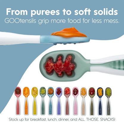 NumNum Baby Spoons Set - Silicone Pre-Spoon GOOtensils for Baby Led Weaning | 2 Teething Spoons + Travel Case, Blue/Navy