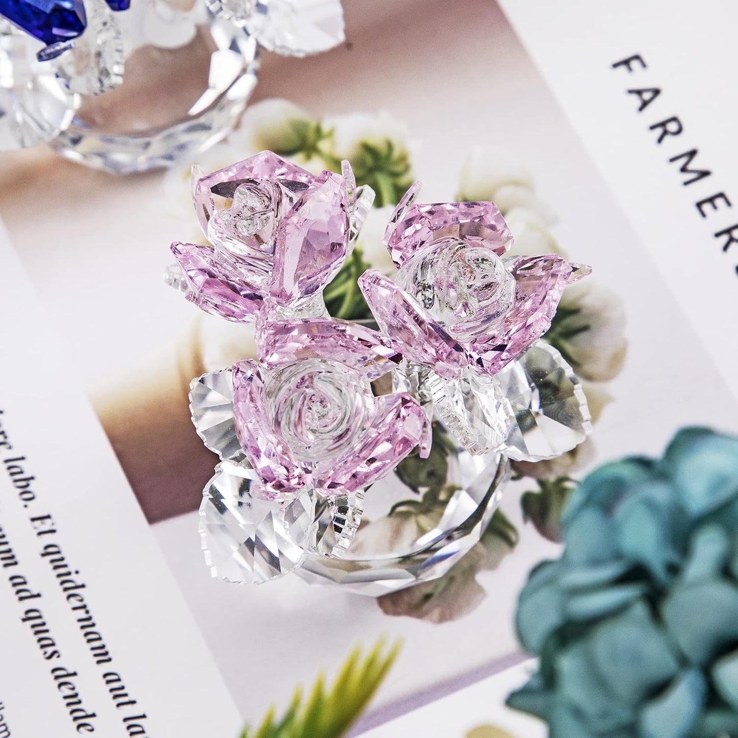QFkris Pink Crystal Rose Bouquet | Elegant Glass Flower Figurine for Home Decor - 2.8" Ornament for Women