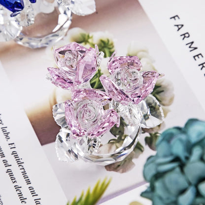 QFkris Pink Crystal Rose Bouquet | Elegant Glass Flower Figurine for Home Decor - 2.8" Ornament for Women