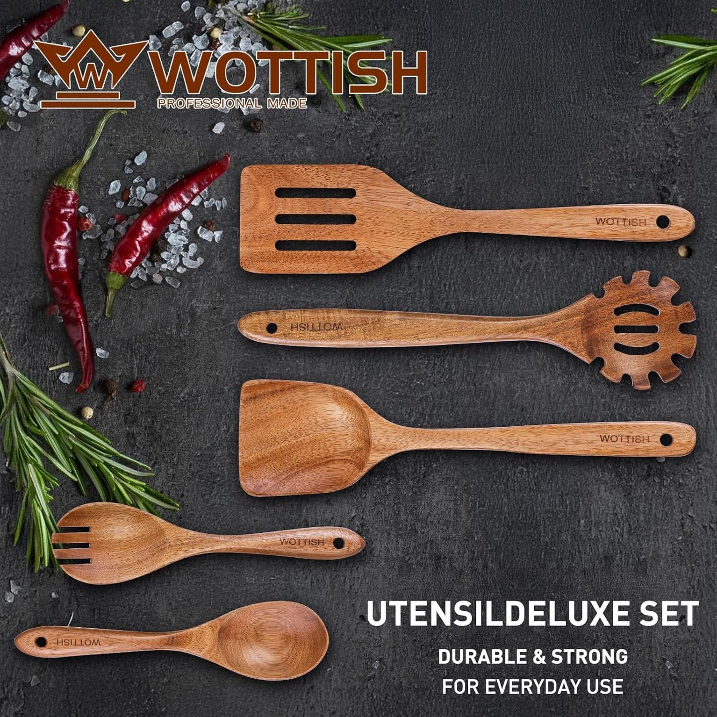 Skiennix Wooden Spoons for Cooking - 5-Piece Natural Solid Wood Utensil Set | Includes Salad Spoons, Strainer Spoon, Mixing Spoon, Slotted Spatula