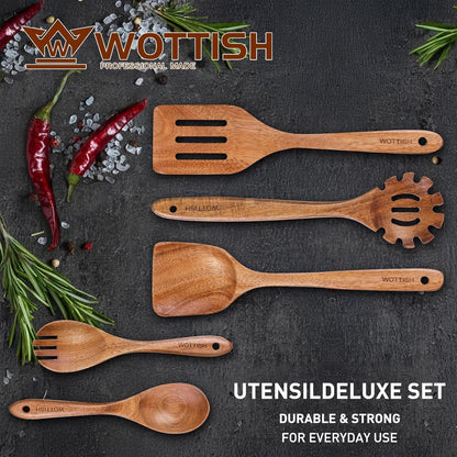 Skiennix Wooden Spoons for Cooking - 5-Piece Natural Solid Wood Utensil Set | Includes Salad Spoons, Strainer Spoon, Mixing Spoon, Slotted Spatula