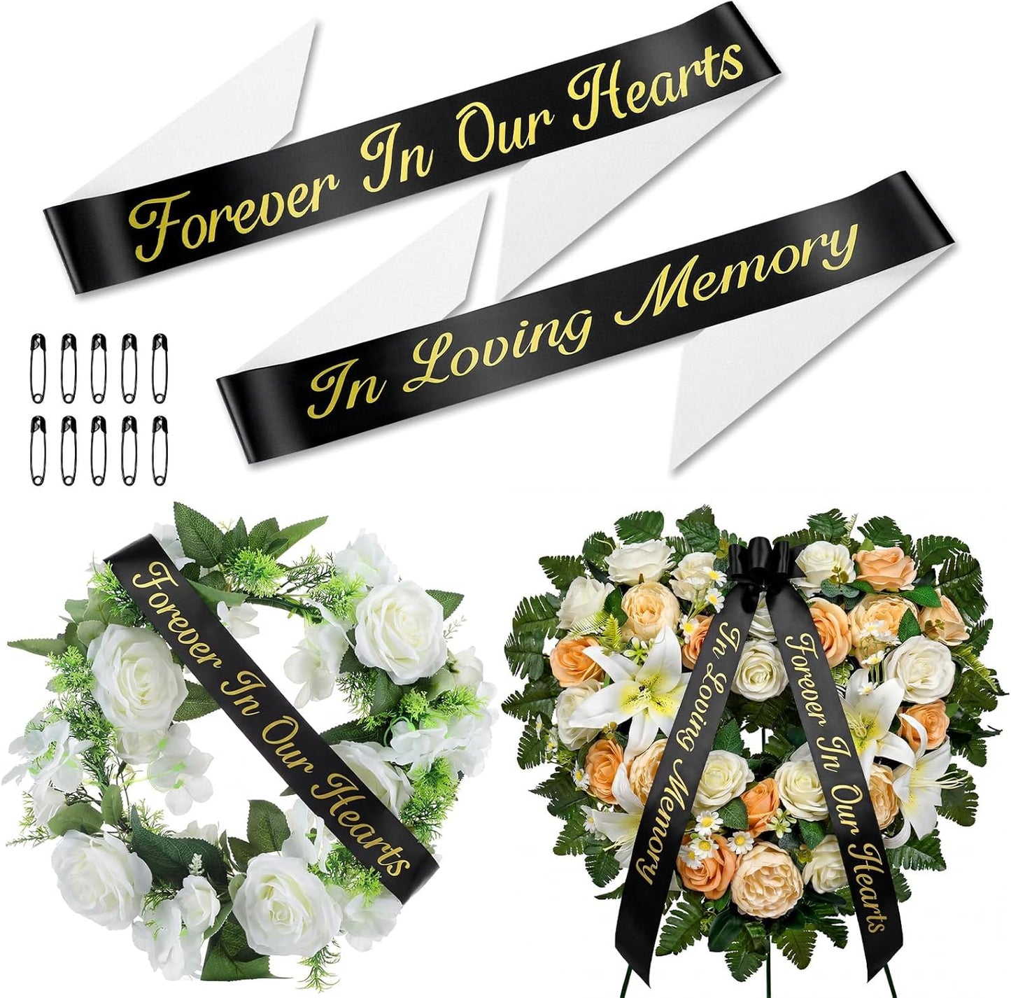 Norme Memorial Funeral Sash - 2 Pcs 63x3.8'' Satin Ribbon in Black for Casket Wreaths & Celebrations