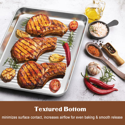 Stainless Steel Baking Sheet with Rack Set, E-far 12.4”x9.7” Cookie Sheet Broiling Pan for Oven, Metal Textured Tray with Wire Rack for Cooking/Cooling/Bacon/Steak, Non-toxic & Dishwasher Safe