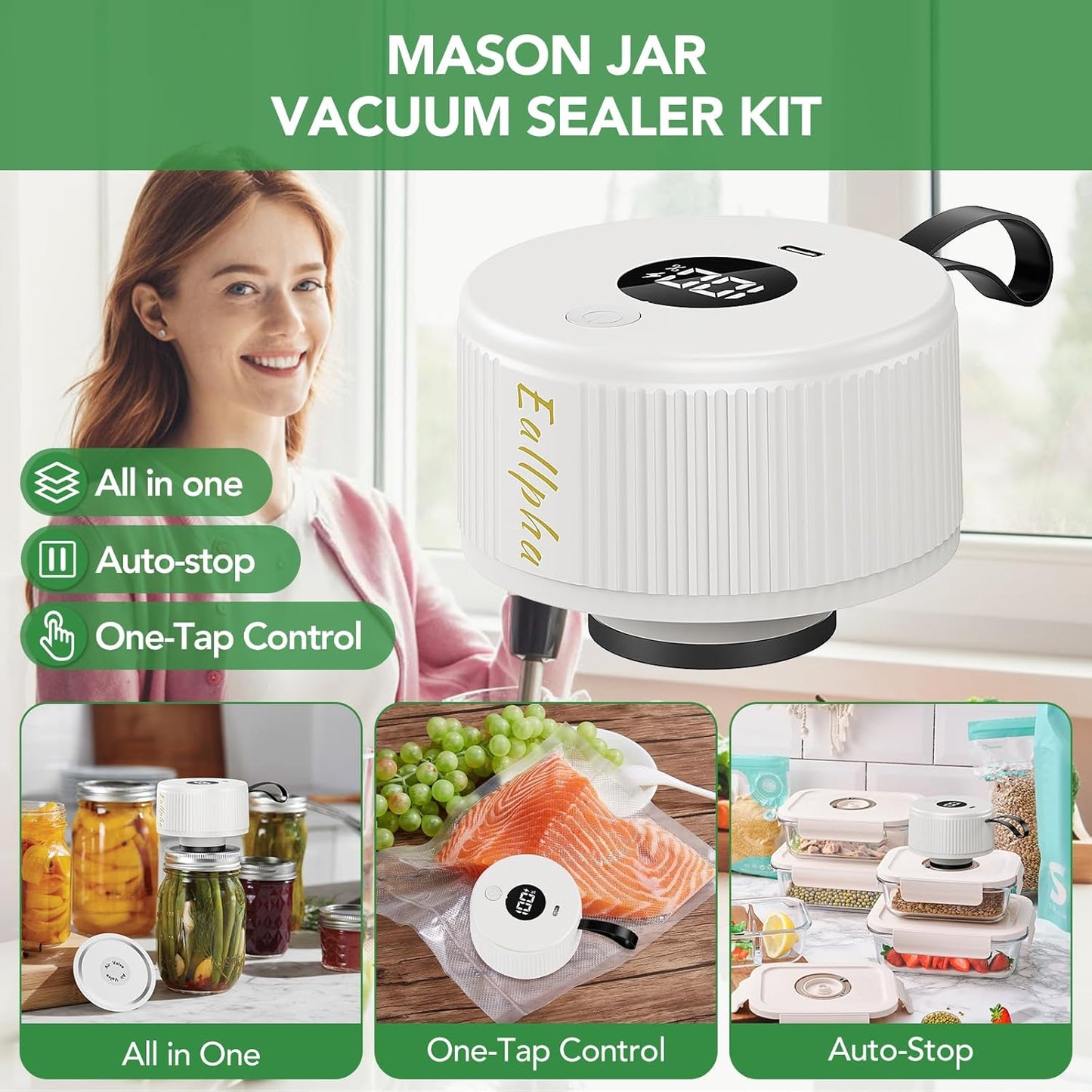 Skiennix Electric Mason Jar Vacuum Sealer - 3-in-1 One-Tap Control with 30 Lids & 5 Storage Bags