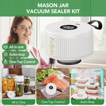 Skiennix Electric Mason Jar Vacuum Sealer - 3-in-1 One-Tap Control with 30 Lids & 5 Storage Bags
