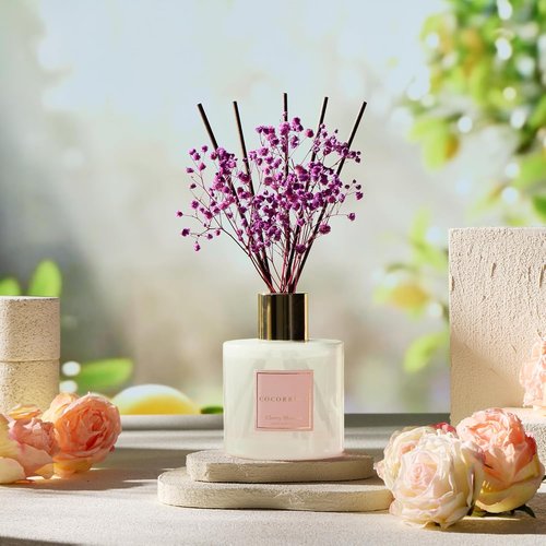 Cocorrína Reed Diffuser - Cherry Blossom Scented Home Decor | 17 Fl. Oz with 8 Sticks & Preserved Flowers