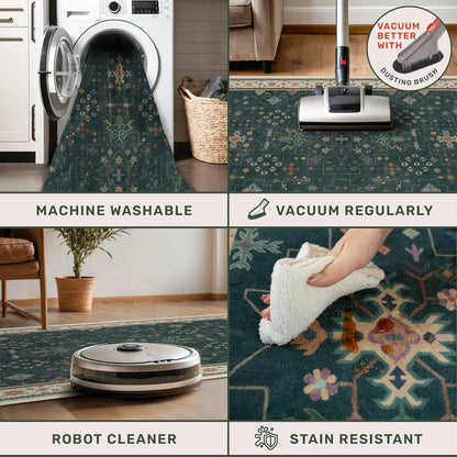 Oushak Dark Green 3x6 Kitchen Rug - Modern Vintage Boho Floral Design, Washable Non-Slip Area Rug for Entryway & Bedroom