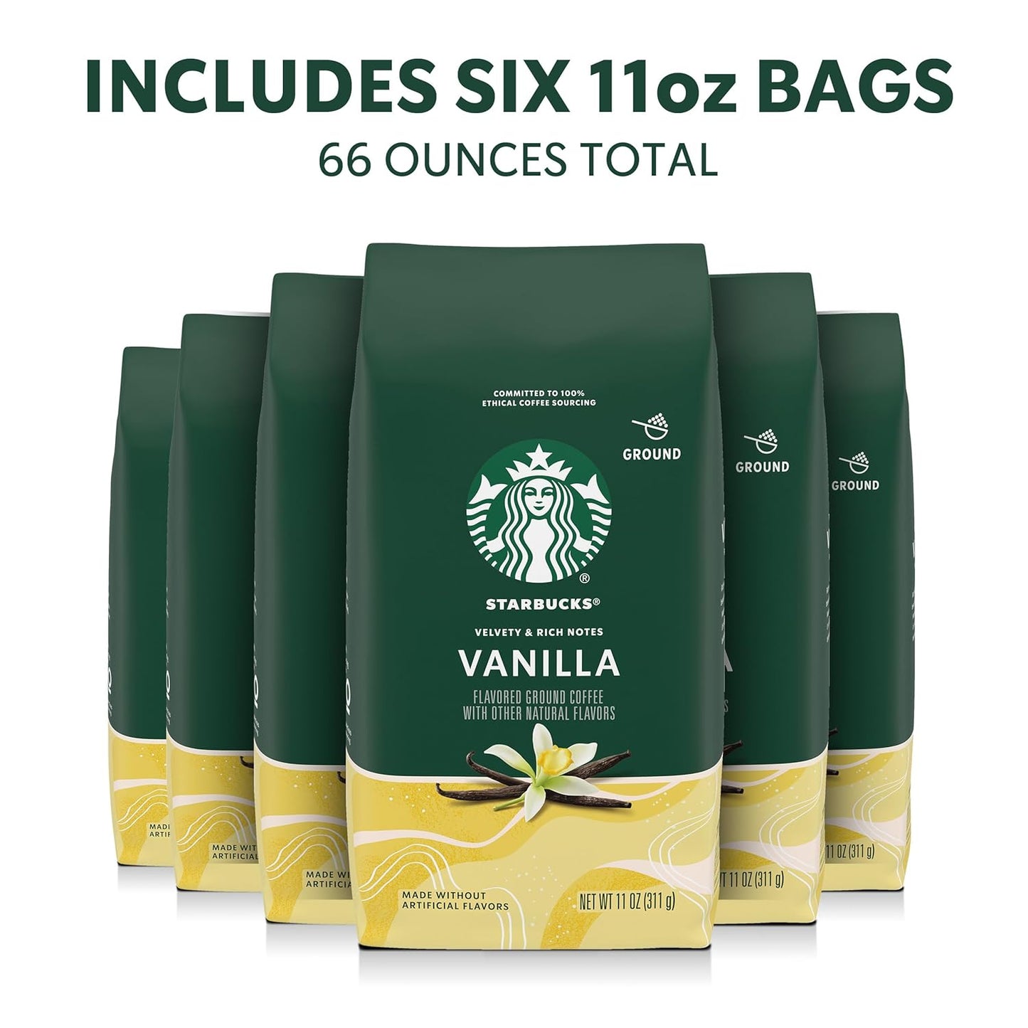 Starbucks Ground Coffee - Vanilla Flavored Hot or Iced Coffee | Six 11 oz Bags