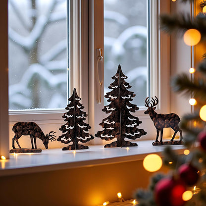YULETIME 4-Piece Metal Christmas Reindeer & Tree Silhouette Set - Festive Holiday Tabletop Decor