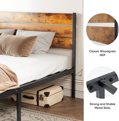 Sweetcrispy Queen Size Bed Frame - Sturdy Metal Support with Headboard & Under Bed Storage, Rust Brown
