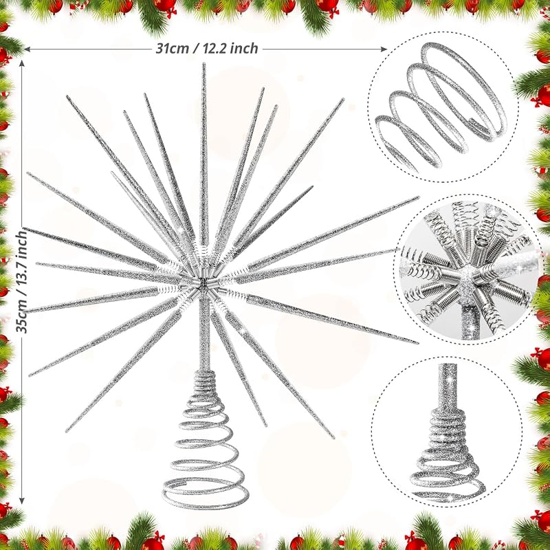 Silver Christmas Tree Topper 13.7 Inch – Exploding Star Burst, Two-Piece Base