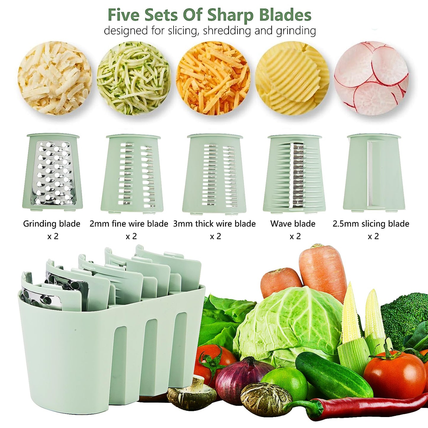 PDAENLKY Rotary Cheese Grater with Handle 5 in 1 Cheese Grater Hand Crank Cheese Shredder with Strong Suction Base Kitchen Vegetable Slicer with 5 Interchangeable Blades, Storage Box, Green