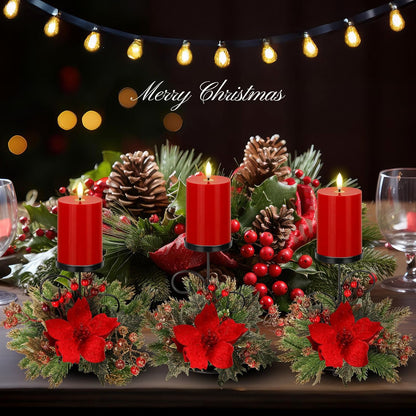 Yunlly Christmas Candle Holder Set - 3 LED Battery-Operated Poinsettia Centerpieces for Home Decor