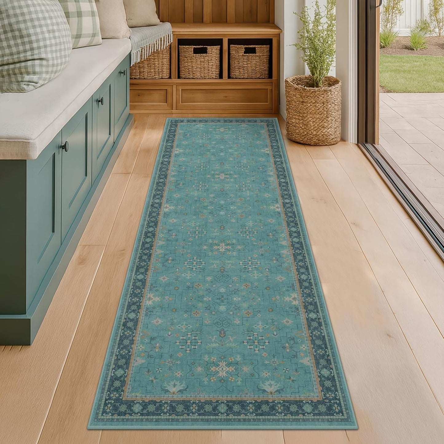 Boho Runner Rugs | 2'6"x8' Teal Washable Hallway Rug - Non-Slip Rubber Backing, Vintage Floral Design