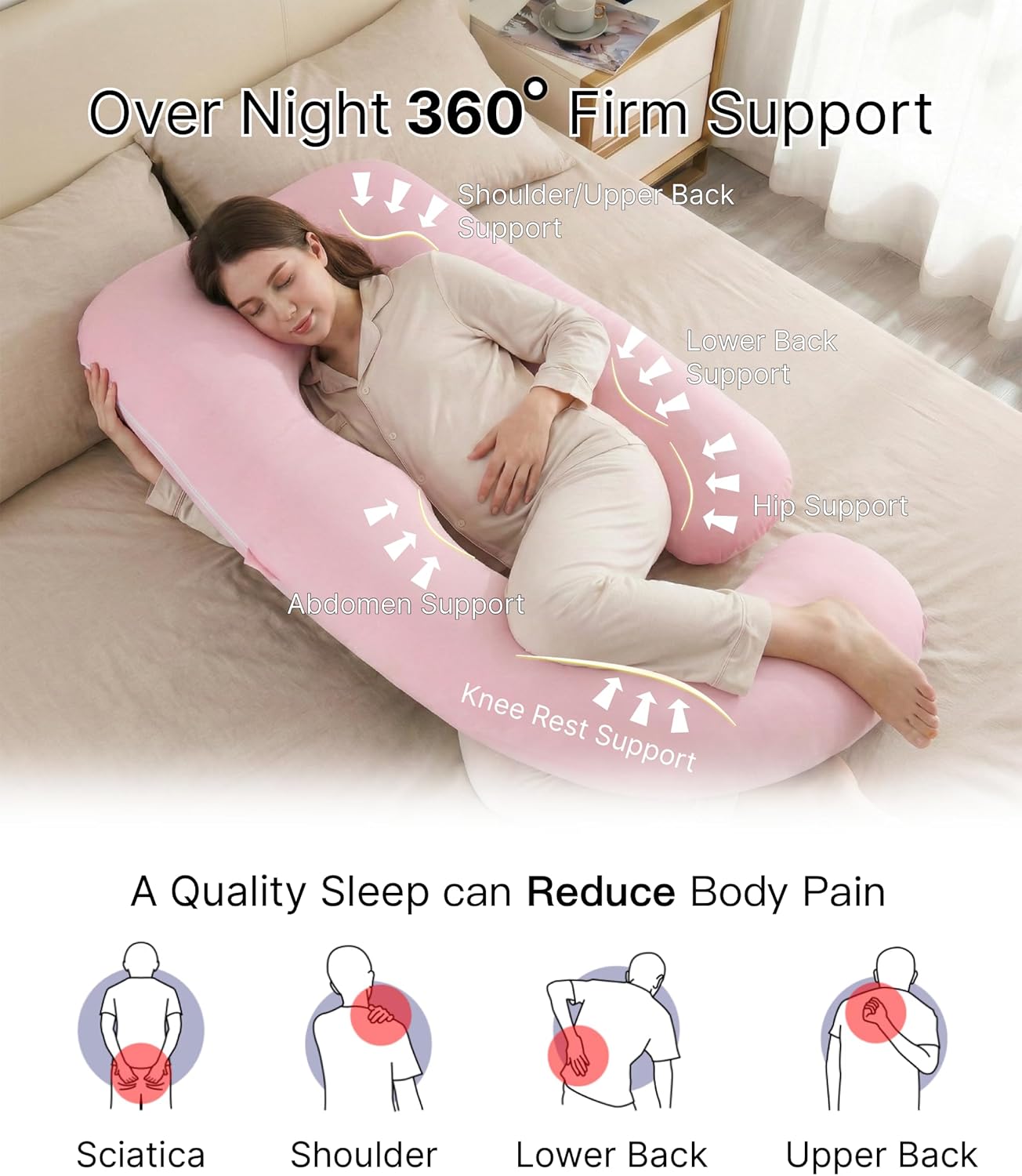 ALLOPERA Pregnancy Pillow - Full Body 57-Inch Maternity Support for Back, Neck & Belly | Pink Milk Fiber Cover
