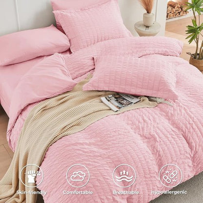 HYMOKEGE California King Comforter Set - 7-Piece Luxury Bedding in Pink Seersucker for All Seasons