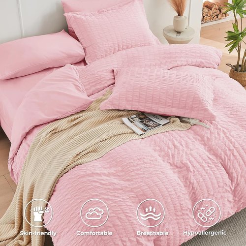 HYMOKEGE King Size Comforter Set - 7-Piece Luxury Bedding Set in Pink | All-Season Seersucker Design