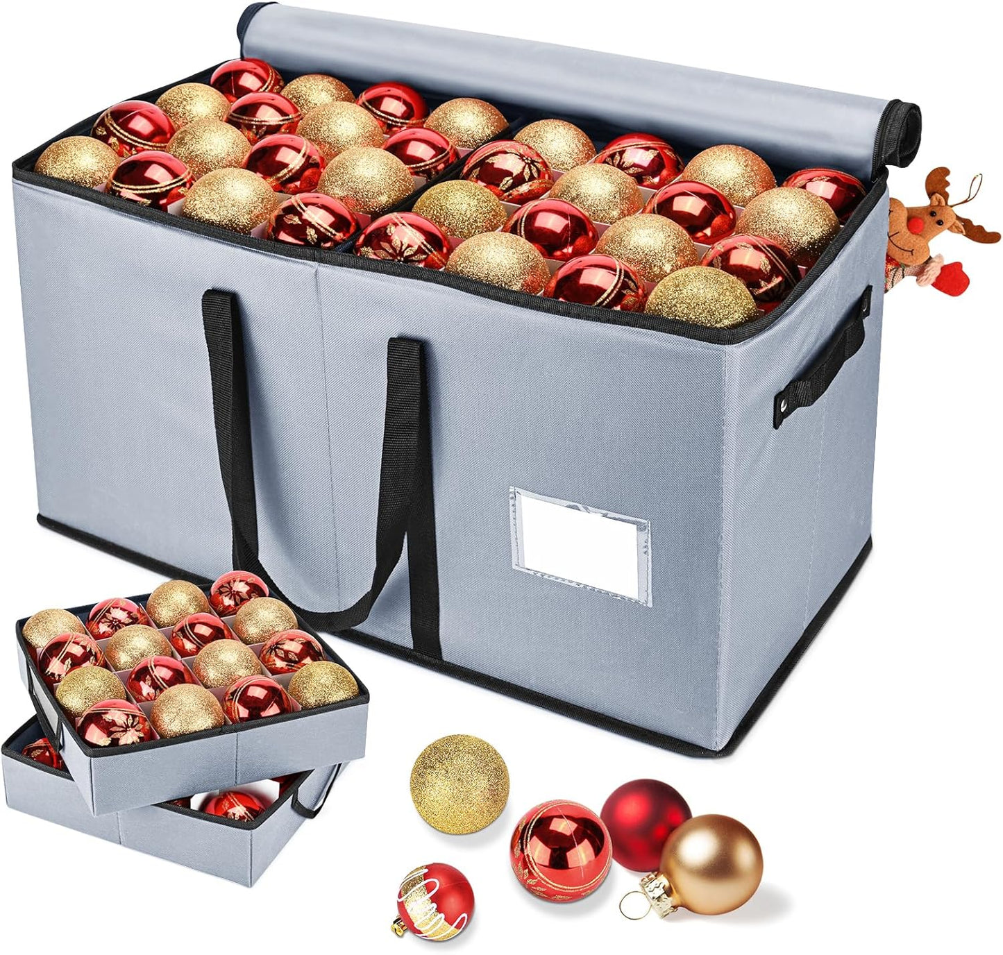 Skiennix Christmas Ornament Storage Box - Organize 128 Three-Inch Ornaments | Grey with 8 Removable Trays