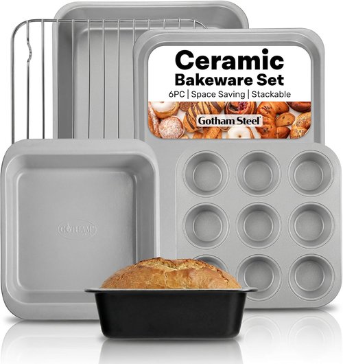 Gotham Steel 6-Pc Stackable Baking Pans Set | Space-Saving Ceramic Bakeware, Non-Toxic & Dishwasher Safe
