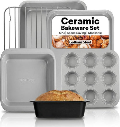 Gotham Steel 6-Pc Stackable Baking Pans Set | Space-Saving Ceramic Bakeware, Non-Toxic & Dishwasher Safe