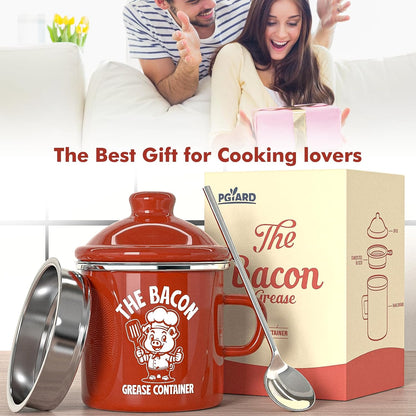 PGYARD Mini Bacon Grease Saver - 15oz Enamel Container with Strainer | Farmhouse Kitchen Fat Keeper - Red