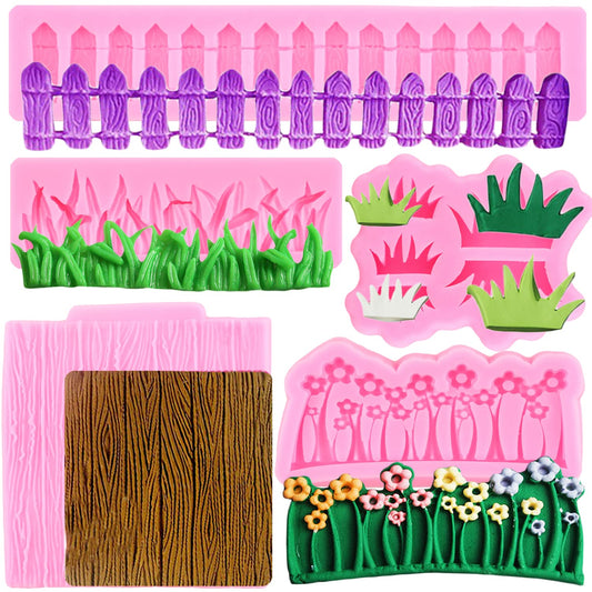 MYPRACS Garden Picket Fence Silicone Mold Green Grass Flower Fondant Mold Wood Grain Tree Bark Candy Mold For Cake Border Cake Decorating Chocolate Gum Paste Polymer Clay Set Of 5