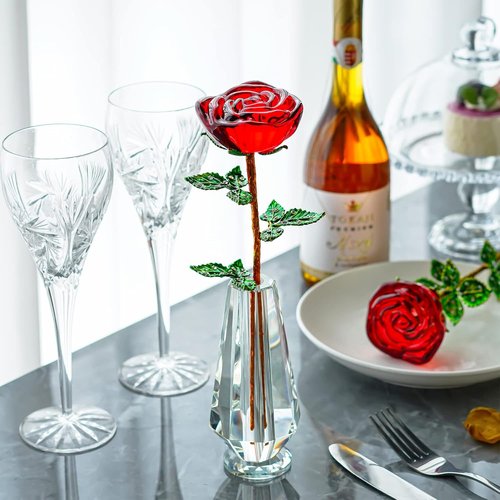 HDCRYSTALGIFTS 10'' Red Crystal Rose Figurine - Elegant Flower Gift for Mom | Collectible Glass Ornament for Home Decor