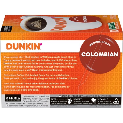 Dunkin’ Colombian Medium Roast Coffee, Keurig K-Cup Pods, 10 Count Boxes (Pack of 6)