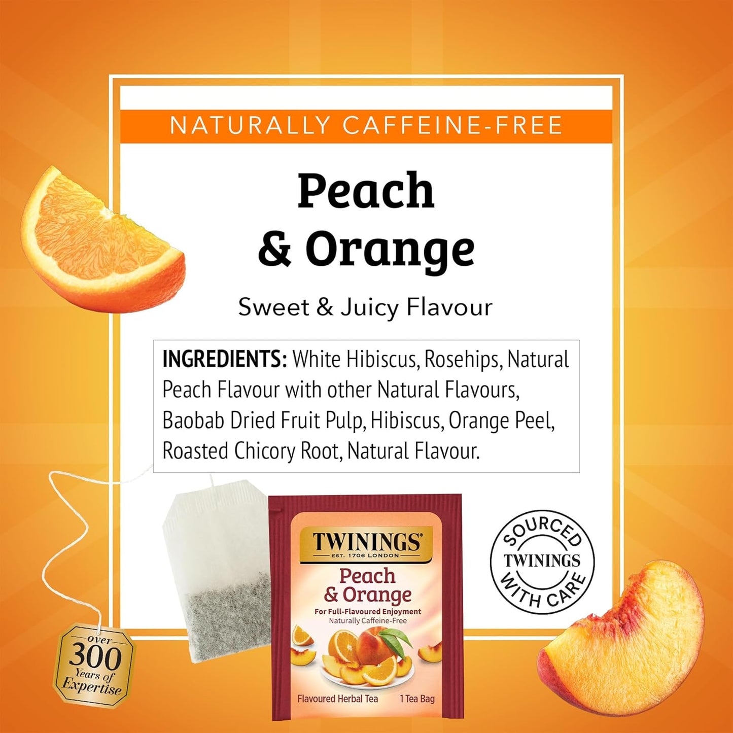 Twinings Peach & Orange Herbal Tea - Juicy & Fruity, Caffeine-Free, 20 Individually Wrapped Bags (Pack of 6)