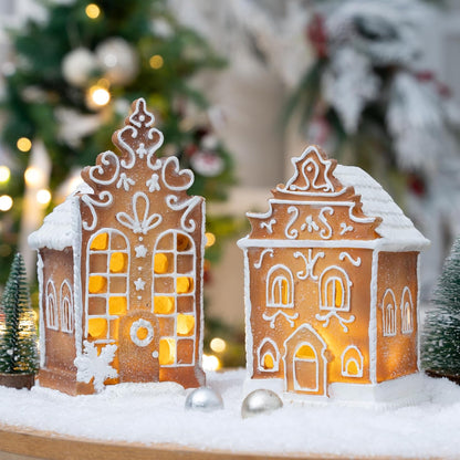 Skiennix Christmas Gingerbread Village House Figurines - Pre-Lit LED Table Decorations | 2-Piece Set