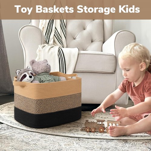 Goodpick Large Woven Basket - 18" x 14" x 12" Cotton Rope Storage for Organizing | Black & Jute