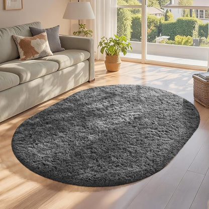 Ophanie Grey Oval Area Rug - Plush Soft Shaggy Carpet for Bedroom & Living Room | 3x5 Feet