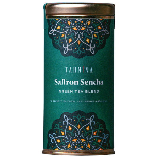 Tahmina Saffron Sencha Tea: Chinese Green Tea Blend with Afghan Saffron, Moderately Caffeinated Tea, 12 Biodegradable Pyramid Tea Bags, Makes 36 Cups of Tea (1 Pack)