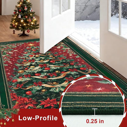 2x3 ft Red Christmas Area Rug with Non-Slip Backing - Washable Entryway Door Mat, Vintage Tree Design