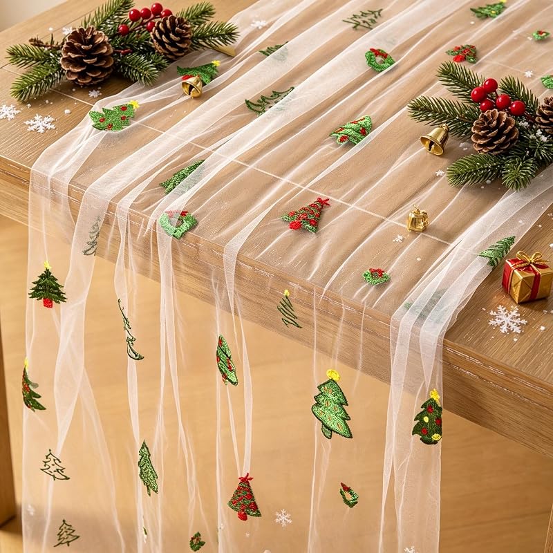 Christmas Tree Embroidered Table Runner 120 Inch - Santaben, 1 Pack (Variation: Christmas Tree+1 Pack)